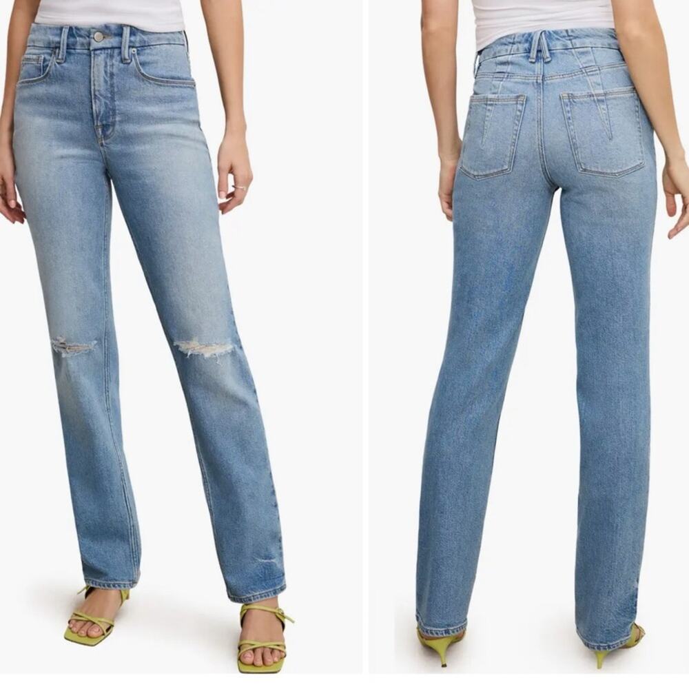 Good American Good Icon Straight Ripped Raw Hem Jeans